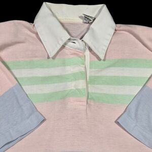 Vtg Striped Pastel Polo Shirt Unisex M Shoulder Pads 80s Preppy Single Stitch